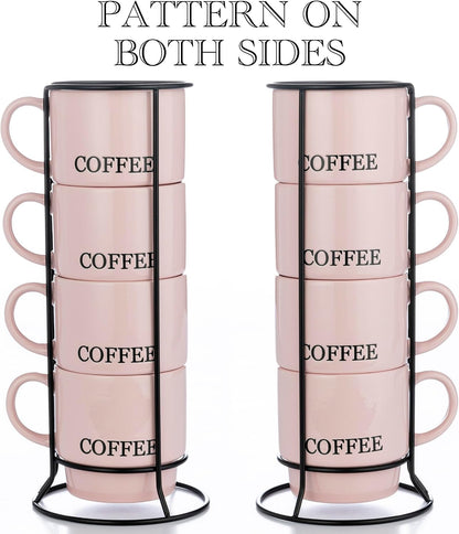Stackable Coffee Mug Tower Set with Metal Wire Rack - 15 Ounce Coffee Mugs for Coffee, Tea, Cocoa, Milk, Cappuccino, Hot Chocolate Set of 4 - Pink Coffee