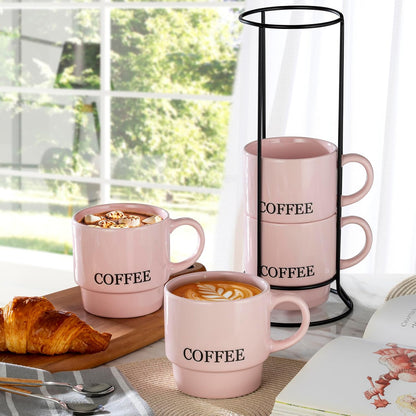 Stackable Coffee Mug Tower Set with Metal Wire Rack - 15 Ounce Coffee Mugs for Coffee, Tea, Cocoa, Milk, Cappuccino, Hot Chocolate Set of 4 - Pink Coffee
