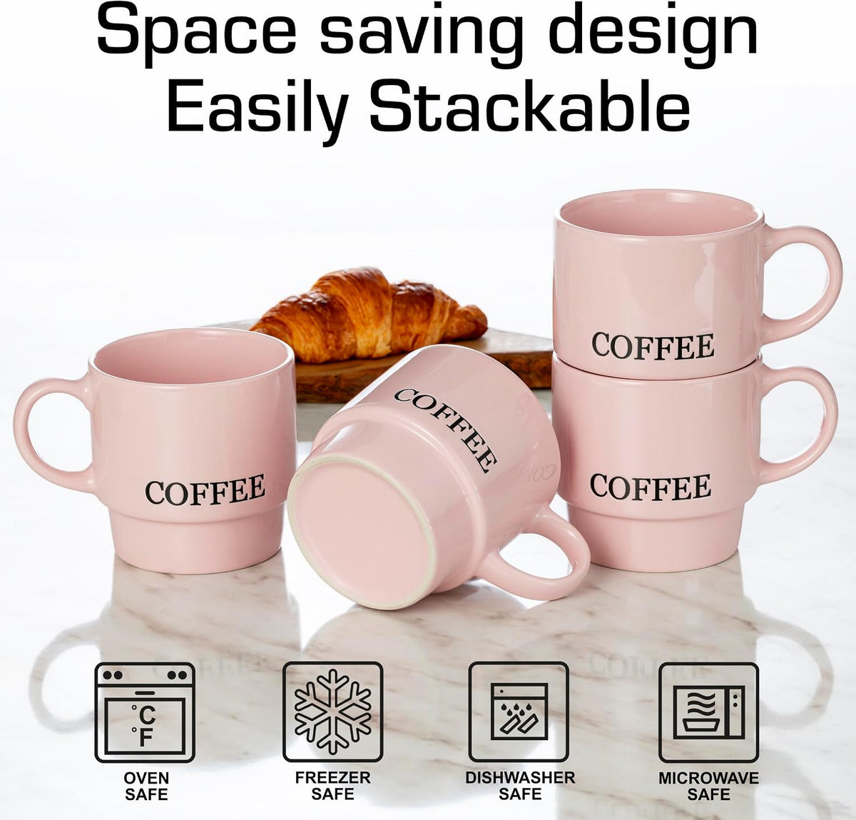 Stackable Coffee Mug Tower Set with Metal Wire Rack - 15 Ounce Coffee Mugs for Coffee, Tea, Cocoa, Milk, Cappuccino, Hot Chocolate Set of 4 - Pink Coffee