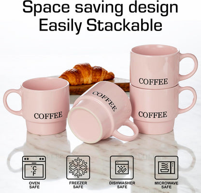 Stackable Coffee Mug Tower Set with Metal Wire Rack - 15 Ounce Coffee Mugs for Coffee, Tea, Cocoa, Milk, Cappuccino, Hot Chocolate Set of 4 - Pink Coffee