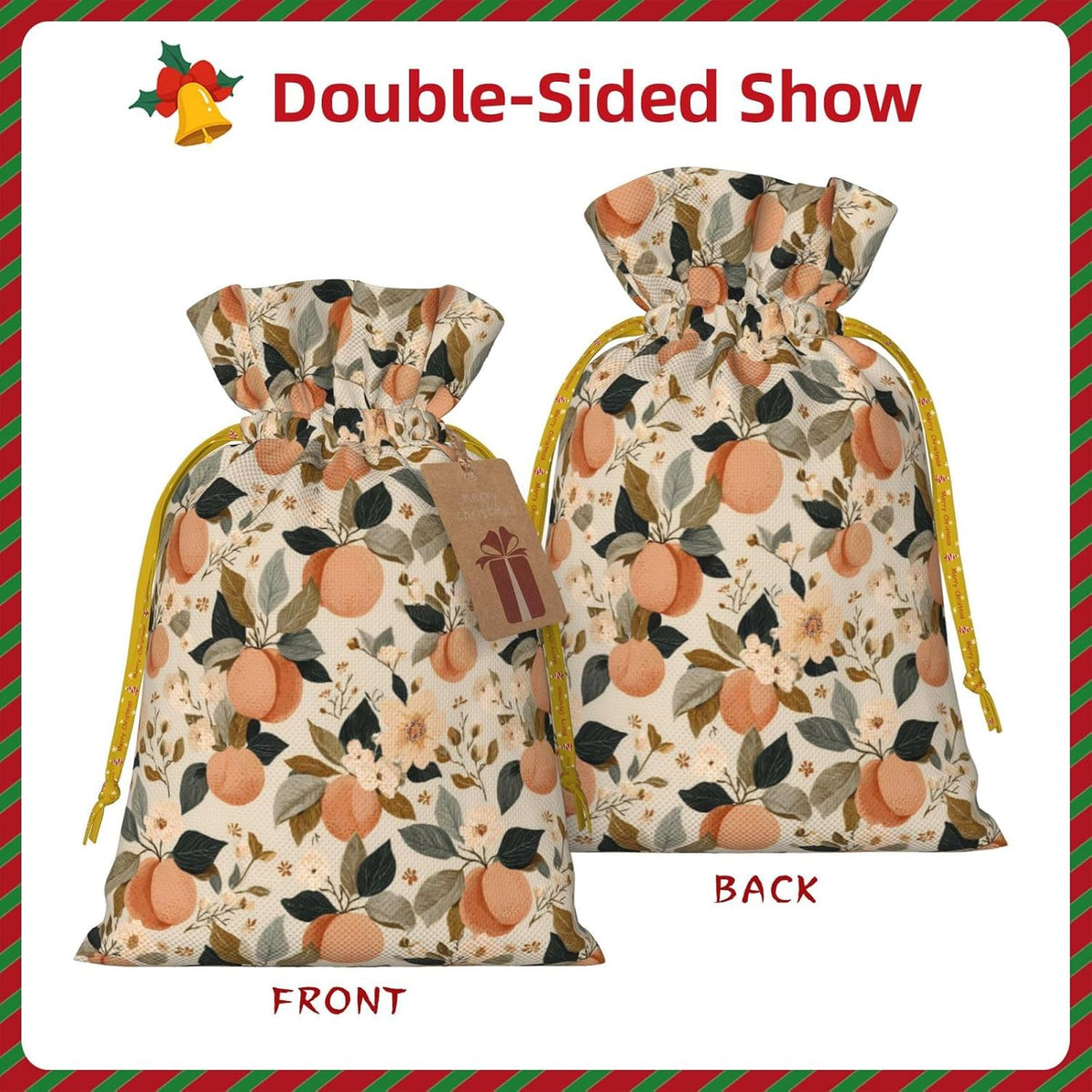 Peaches (1) Print Christmas Drawstring Gift Bags, Reusable Candy Treat Bags For Holiday Birthday Party