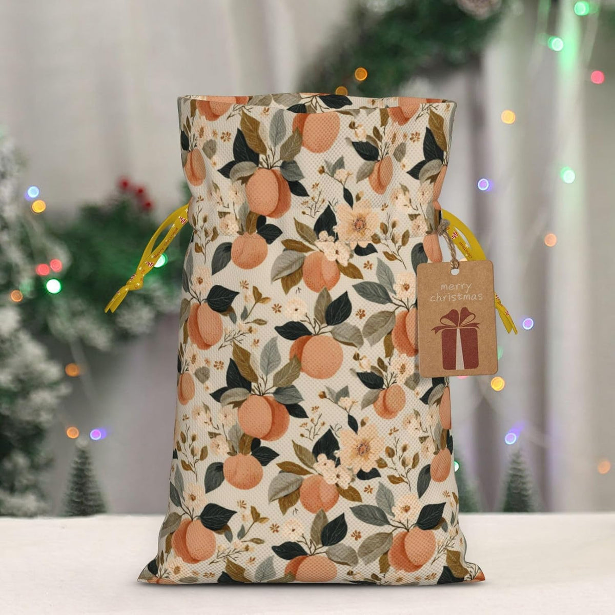 Peaches (1) Print Christmas Drawstring Gift Bags, Reusable Candy Treat Bags For Holiday Birthday Party