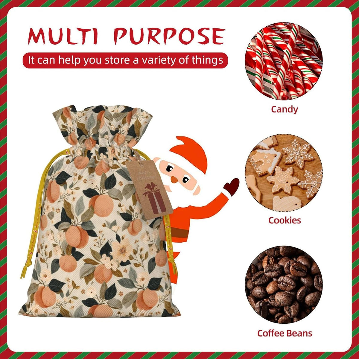 Peaches (1) Print Christmas Drawstring Gift Bags, Reusable Candy Treat Bags For Holiday Birthday Party