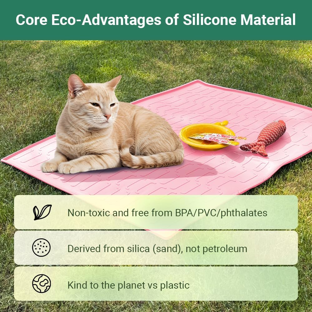 Cat Litter Mat, Large 32'' x 24'' Silicone Litter Box Mat for Litter Trapping, Waterproof, Non-Slip, Easy to Clean, Pink