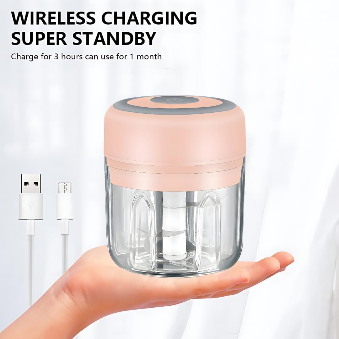 Electric Baby Food Maker & Garlic Chopper, USB Rechargeable Mini Processor, Easy Clean Design, 250ML (Pink)