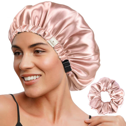 Adjustable Satin Bonnet Double Layer Hair Bonnet for Sleeping Bonnets for Women Hats Curly Natural Hair, Blush Pink