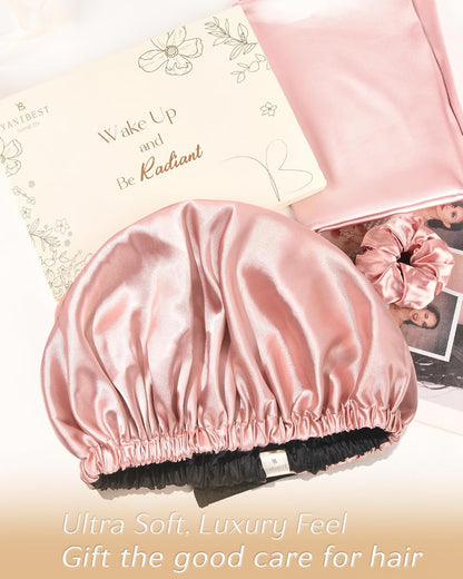 Adjustable Satin Bonnet Double Layer Hair Bonnet for Sleeping Bonnets for Women Hats Curly Natural Hair, Blush Pink
