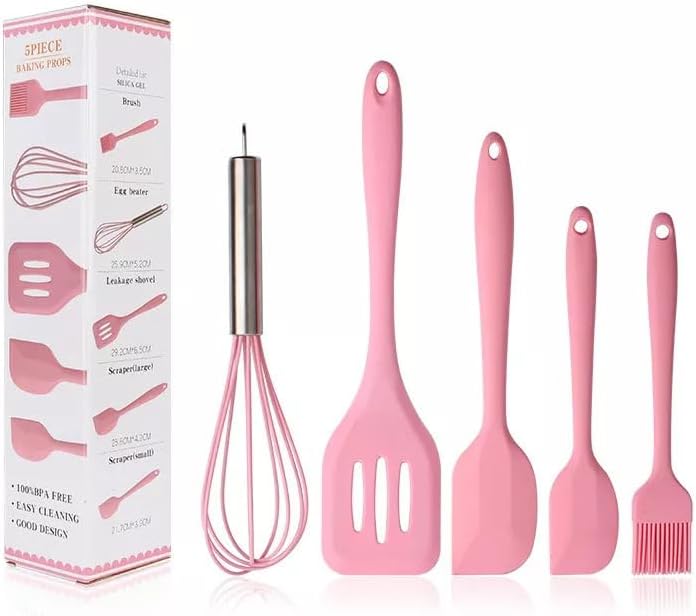 Spatulas Silicone Heat Resistant - Kitchen Utensil Set - Cooking tools, whisk, brush. Gift For Woman and Men (Pink)