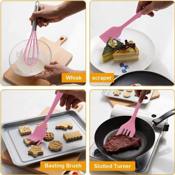 Spatulas Silicone Heat Resistant - Kitchen Utensil Set - Cooking tools, whisk, brush. Gift For Woman and Men (Pink)