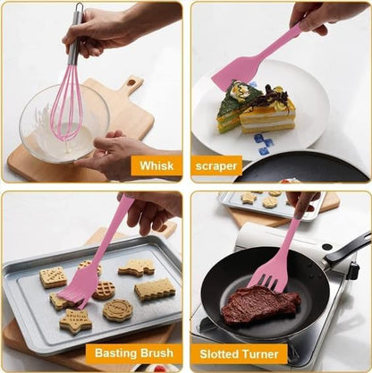 Spatulas Silicone Heat Resistant - Kitchen Utensil Set - Cooking tools, whisk, brush. Gift For Woman and Men (Pink)