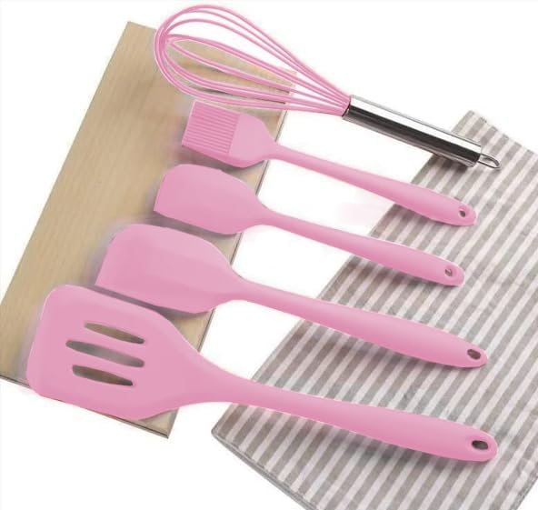Spatulas Silicone Heat Resistant - Kitchen Utensil Set - Cooking tools, whisk, brush. Gift For Woman and Men (Pink)