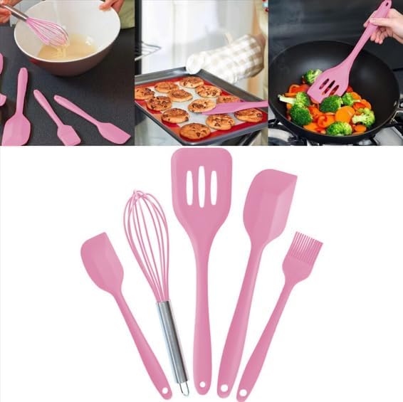 Spatulas Silicone Heat Resistant - Kitchen Utensil Set - Cooking tools, whisk, brush. Gift For Woman and Men (Pink)