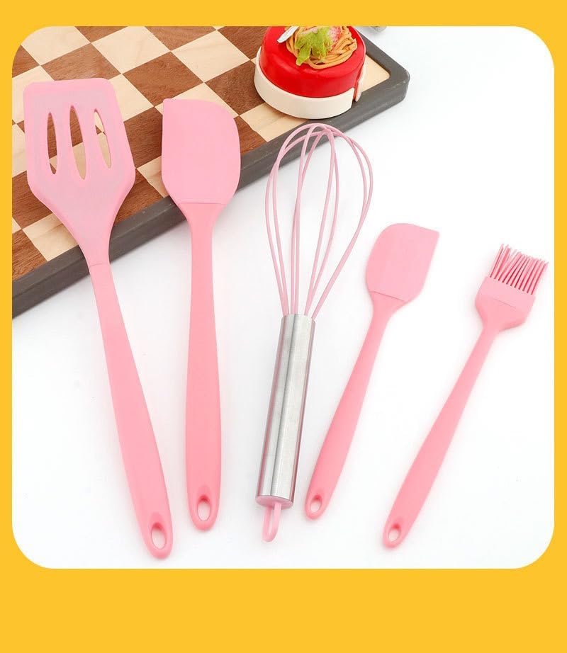 Spatulas Silicone Heat Resistant - Kitchen Utensil Set - Cooking tools, whisk, brush. Gift For Woman and Men (Pink)