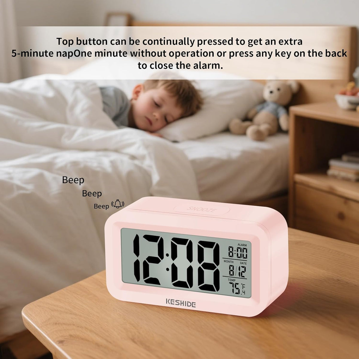 Travel Digital Alarm Clock Battery Operated with Indoor Temperature, Desk Small Clock,Snooze Model,12/24H Display for Bedrooms Heavy Sleepers Kids Travel Bathroom