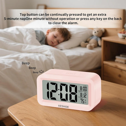 Travel Digital Alarm Clock Battery Operated with Indoor Temperature, Desk Small Clock,Snooze Model,12/24H Display for Bedrooms Heavy Sleepers Kids Travel Bathroom