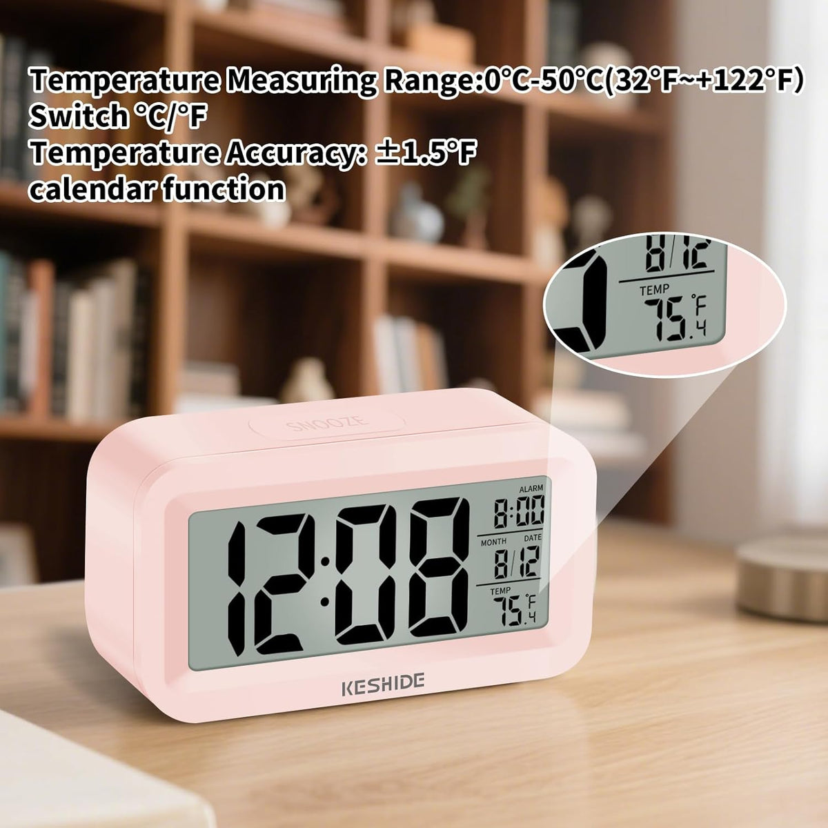 Travel Digital Alarm Clock Battery Operated with Indoor Temperature, Desk Small Clock,Snooze Model,12/24H Display for Bedrooms Heavy Sleepers Kids Travel Bathroom