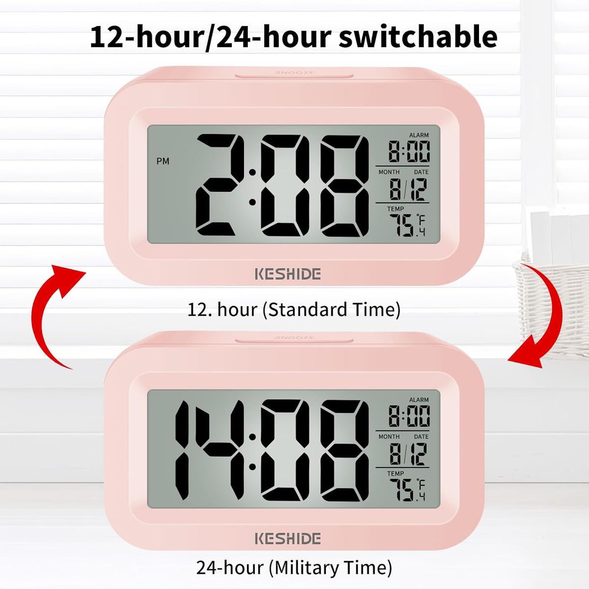 Travel Digital Alarm Clock Battery Operated with Indoor Temperature, Desk Small Clock,Snooze Model,12/24H Display for Bedrooms Heavy Sleepers Kids Travel Bathroom