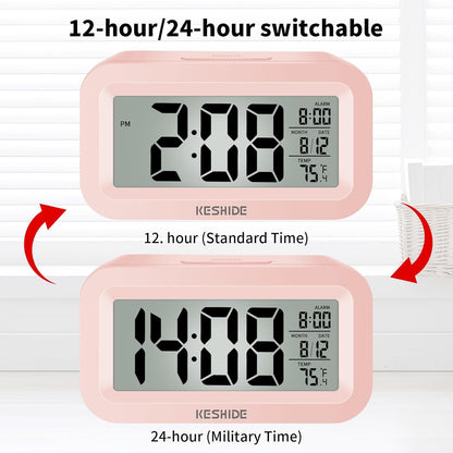 Travel Digital Alarm Clock Battery Operated with Indoor Temperature, Desk Small Clock,Snooze Model,12/24H Display for Bedrooms Heavy Sleepers Kids Travel Bathroom