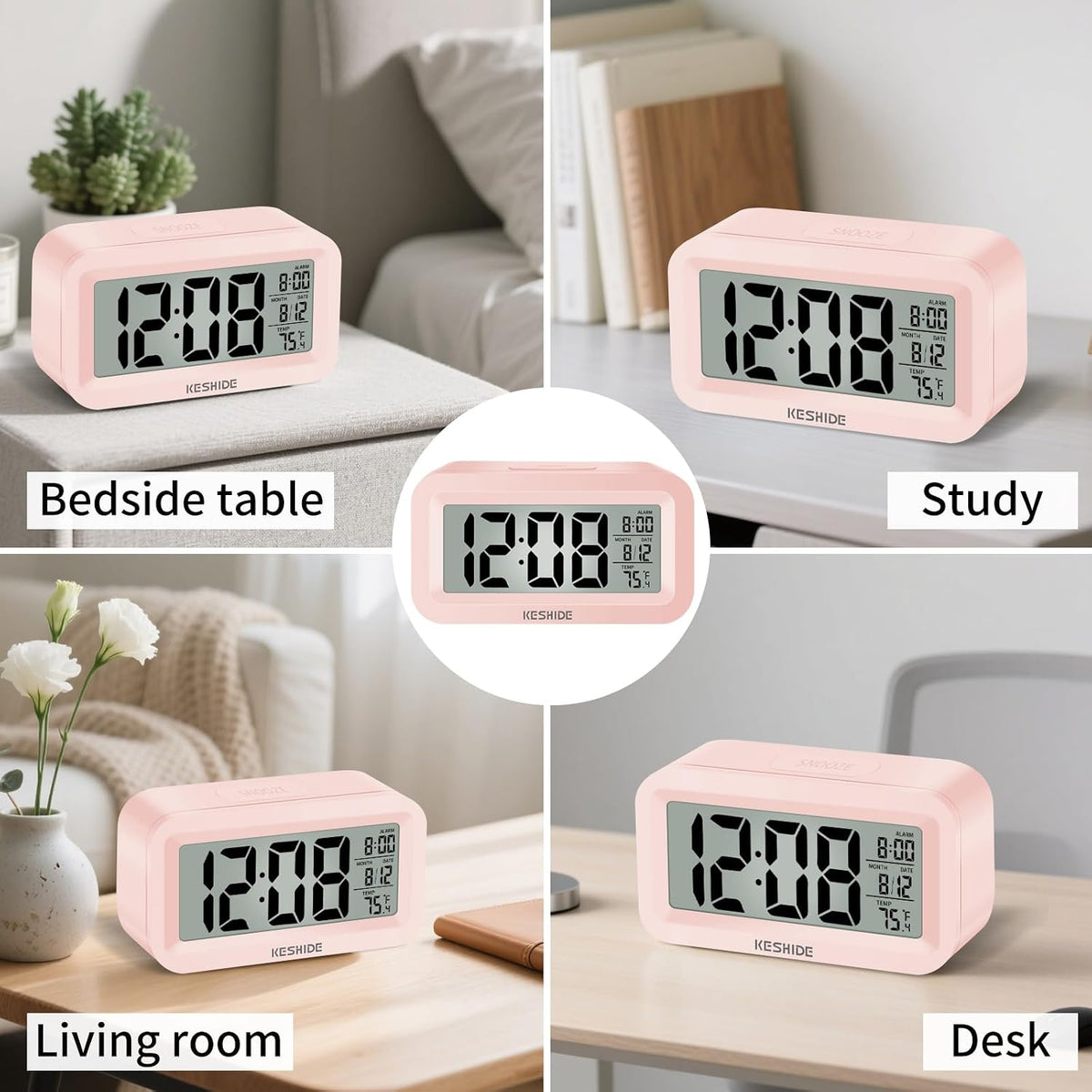 Travel Digital Alarm Clock Battery Operated with Indoor Temperature, Desk Small Clock,Snooze Model,12/24H Display for Bedrooms Heavy Sleepers Kids Travel Bathroom