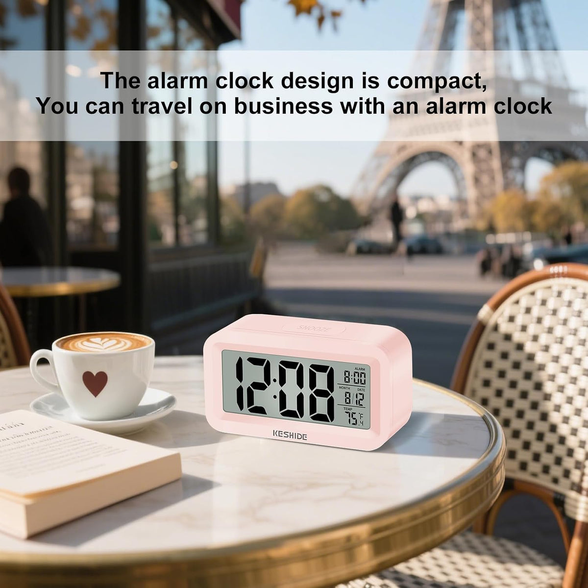 Travel Digital Alarm Clock Battery Operated with Indoor Temperature, Desk Small Clock,Snooze Model,12/24H Display for Bedrooms Heavy Sleepers Kids Travel Bathroom