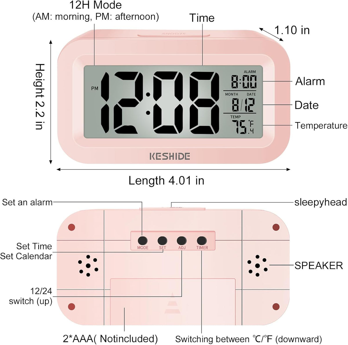 Travel Digital Alarm Clock Battery Operated with Indoor Temperature, Desk Small Clock,Snooze Model,12/24H Display for Bedrooms Heavy Sleepers Kids Travel Bathroom