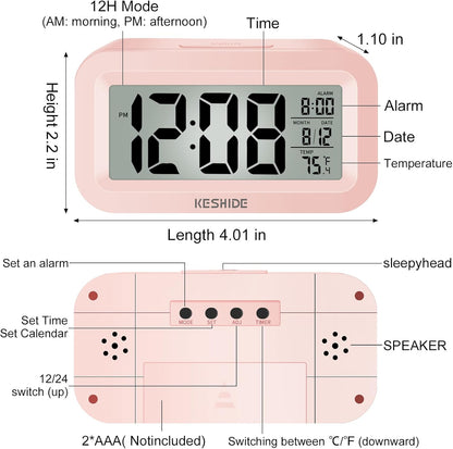 Travel Digital Alarm Clock Battery Operated with Indoor Temperature, Desk Small Clock,Snooze Model,12/24H Display for Bedrooms Heavy Sleepers Kids Travel Bathroom