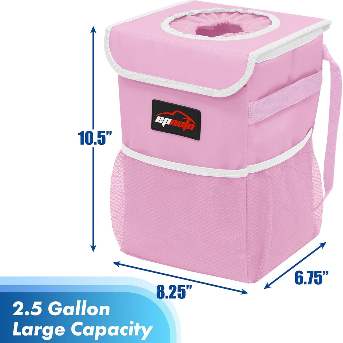 Waterproof Car Trash Can with Lid and Pockets, 2.5 Gal, Pink