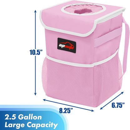 Waterproof Car Trash Can with Lid and Pockets, 2.5 Gal, Pink