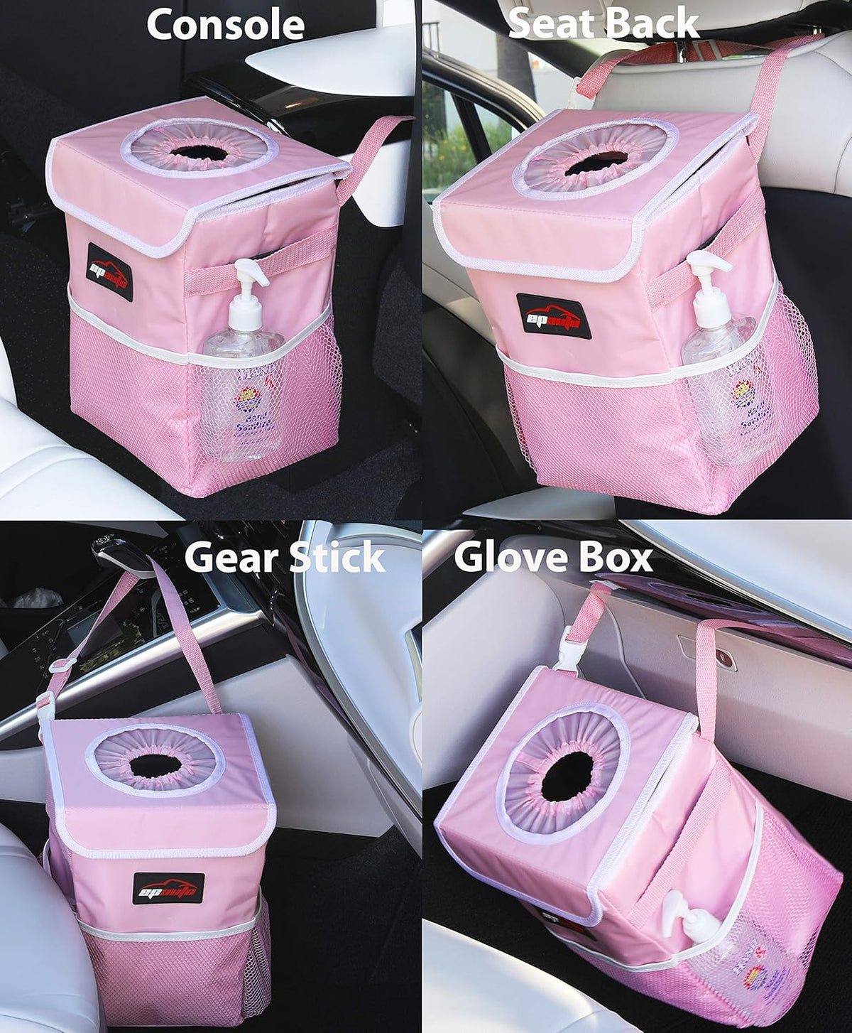 Waterproof Car Trash Can with Lid and Pockets, 2.5 Gal, Pink
