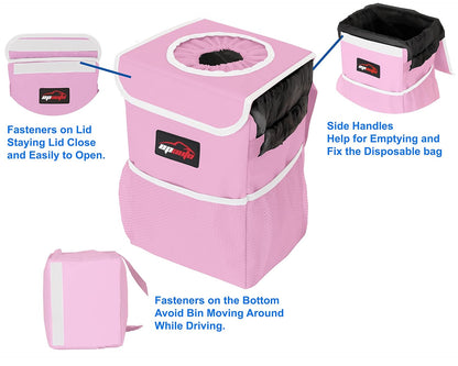 Waterproof Car Trash Can with Lid and Pockets, 2.5 Gal, Pink