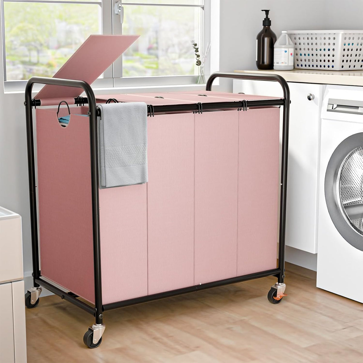 Laundry Sorter 4 Sections 48 Gal, Rolling Laundry Basket with Wheels ＆ Lid