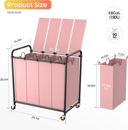 Laundry Sorter 4 Sections 48 Gal, Rolling Laundry Basket with Wheels ＆ Lid