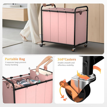 Laundry Sorter 4 Sections 48 Gal, Rolling Laundry Basket with Wheels ＆ Lid