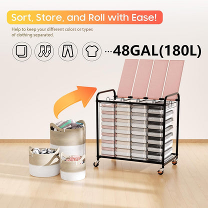 Laundry Sorter 4 Sections 48 Gal, Rolling Laundry Basket with Wheels ＆ Lid