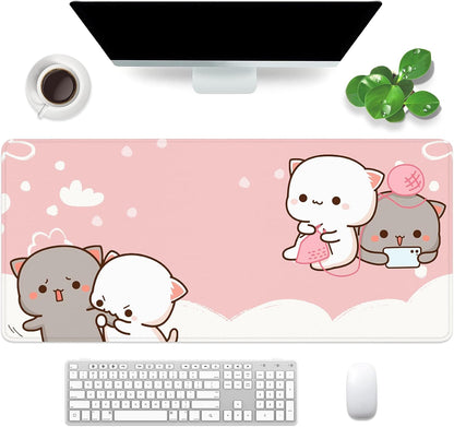 Pink Large Gaming Mouse Pad Kawaii Desk Pad XXL Cute Cat Mouse Mat 35x15.7x0.12 inch Desk Accessories (Pink Cat -2)
