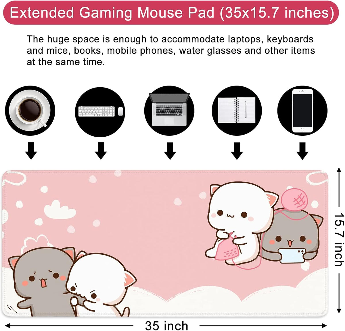 Pink Large Gaming Mouse Pad Kawaii Desk Pad XXL Cute Cat Mouse Mat 35x15.7x0.12 inch Desk Accessories (Pink Cat -2)
