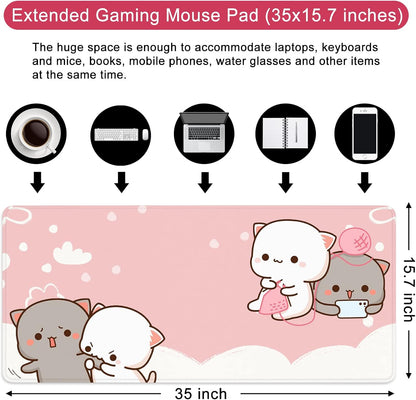 Pink Large Gaming Mouse Pad Kawaii Desk Pad XXL Cute Cat Mouse Mat 35x15.7x0.12 inch Desk Accessories (Pink Cat -2)