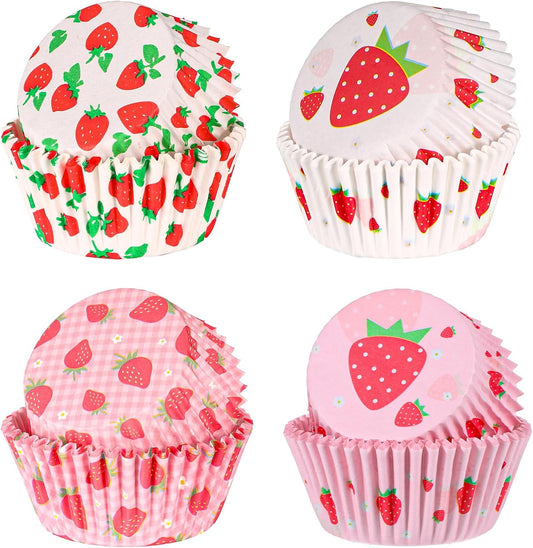 Strawberry Cupcake Liners, 100 Pcs Cute Cupcake Liners Pink Strawberry Cup Cake Wrappers Paper Baking Cup for Wedding Bridal Baby Shower Spring Summer Berry Themed Birthday Party Cake Decor