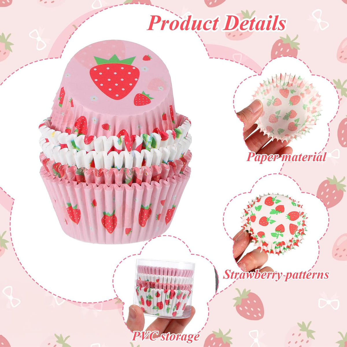 Strawberry Cupcake Liners, 100 Pcs Cute Cupcake Liners Pink Strawberry Cup Cake Wrappers Paper Baking Cup for Wedding Bridal Baby Shower Spring Summer Berry Themed Birthday Party Cake Decor