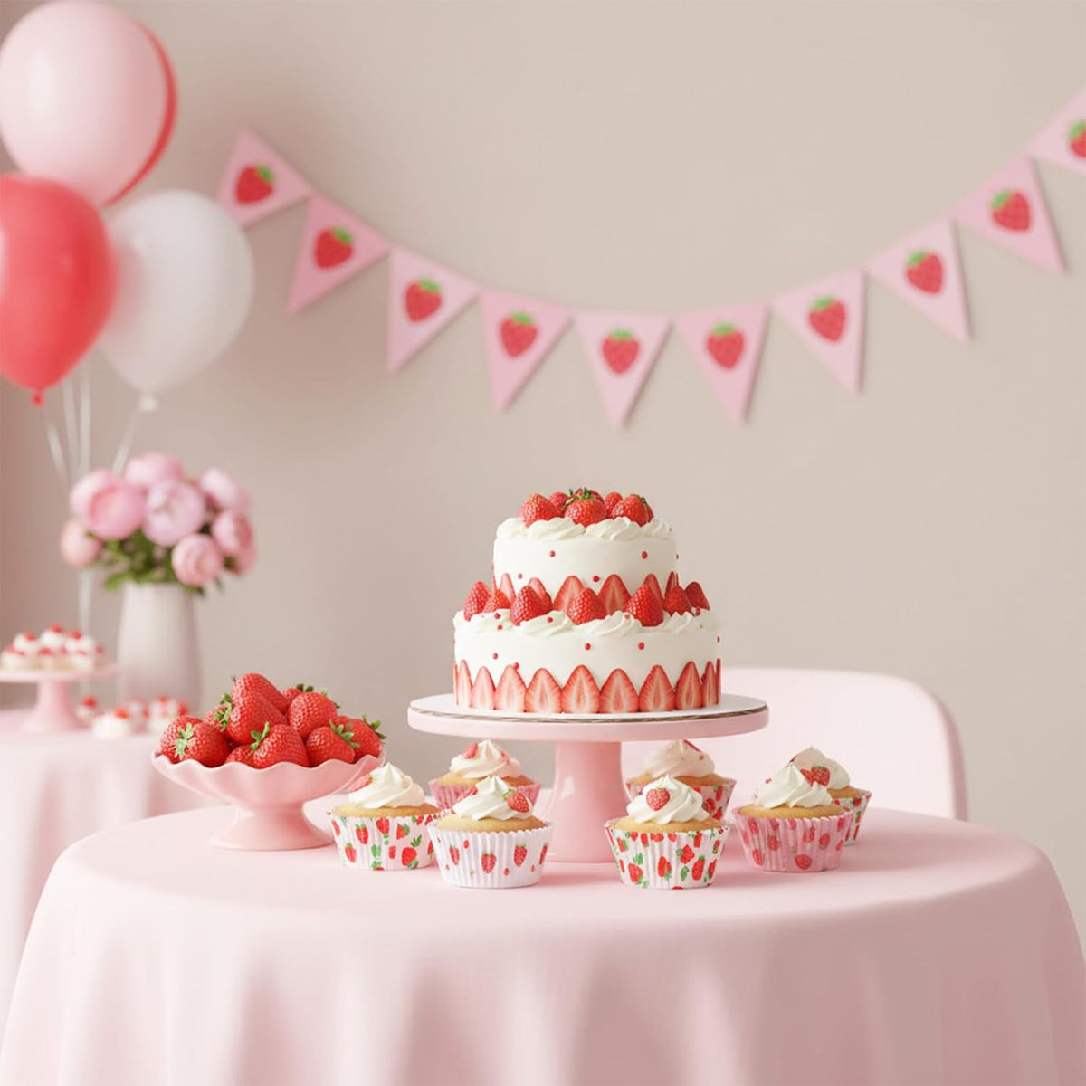 Strawberry Cupcake Liners, 100 Pcs Cute Cupcake Liners Pink Strawberry Cup Cake Wrappers Paper Baking Cup for Wedding Bridal Baby Shower Spring Summer Berry Themed Birthday Party Cake Decor