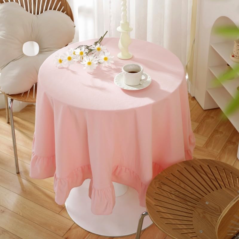 Cotton Linen Table Cloths Retro Farmhouse Heavy Fabric Table Cover Pink White Washable Table Top for Parties Coffee Kitchen Picnic Round Table Cloth (Pink,Round, 47")