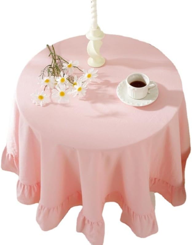 Cotton Linen Table Cloths Retro Farmhouse Heavy Fabric Table Cover Pink White Washable Table Top for Parties Coffee Kitchen Picnic Round Table Cloth (Pink,Round, 47")