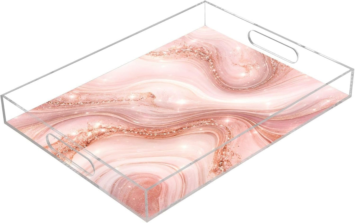 Elegant Marble Pink Gold Serving Tray 12" x 16" Acrylic Trays with Handles Decorative Serving Platter for Coffee, Breakfast in Bed, Dinner, Appetizers, Patio, Party