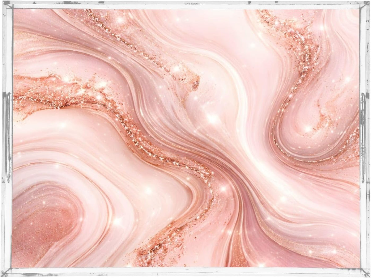 Elegant Marble Pink Gold Serving Tray 12" x 16" Acrylic Trays with Handles Decorative Serving Platter for Coffee, Breakfast in Bed, Dinner, Appetizers, Patio, Party
