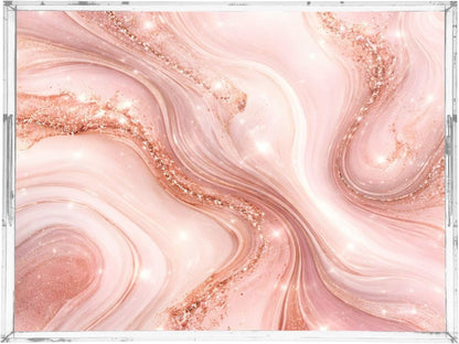Elegant Marble Pink Gold Serving Tray 12" x 16" Acrylic Trays with Handles Decorative Serving Platter for Coffee, Breakfast in Bed, Dinner, Appetizers, Patio, Party