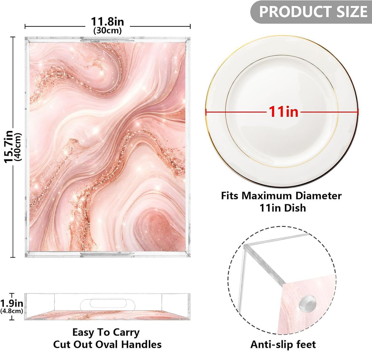 Elegant Marble Pink Gold Serving Tray 12" x 16" Acrylic Trays with Handles Decorative Serving Platter for Coffee, Breakfast in Bed, Dinner, Appetizers, Patio, Party