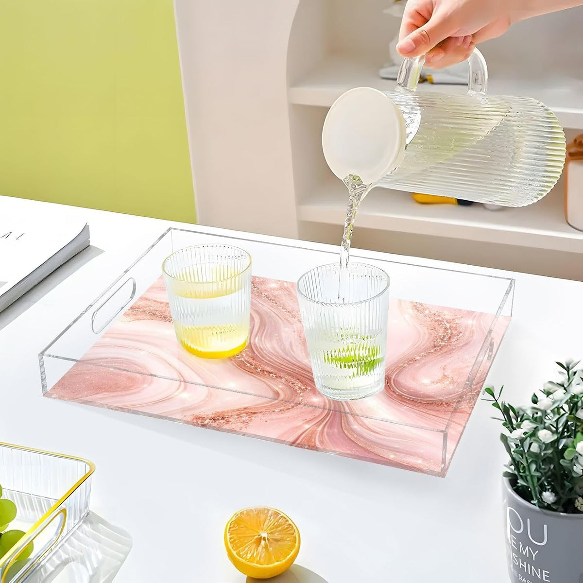 Elegant Marble Pink Gold Serving Tray 12" x 16" Acrylic Trays with Handles Decorative Serving Platter for Coffee, Breakfast in Bed, Dinner, Appetizers, Patio, Party