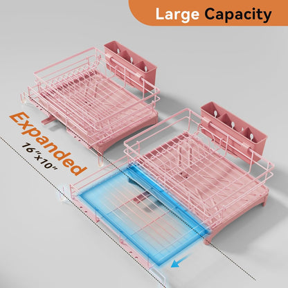 Dish Drying Rack - Expandable Rack, Large Capacity Dish Drainer for Kitchen Counter, Rust-Proof with Utensil Holder, Pink