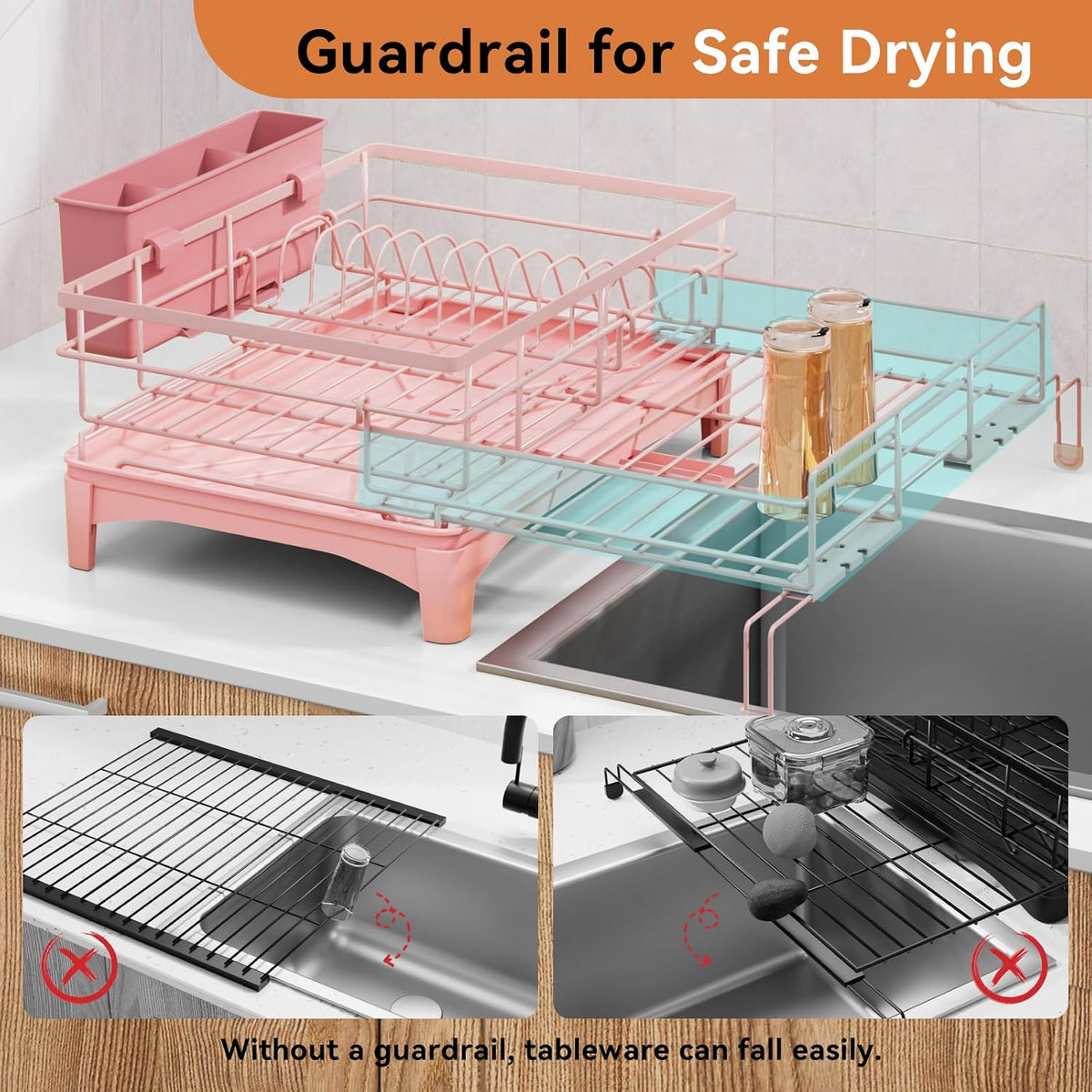 Dish Drying Rack - Expandable Rack, Large Capacity Dish Drainer for Kitchen Counter, Rust-Proof with Utensil Holder, Pink