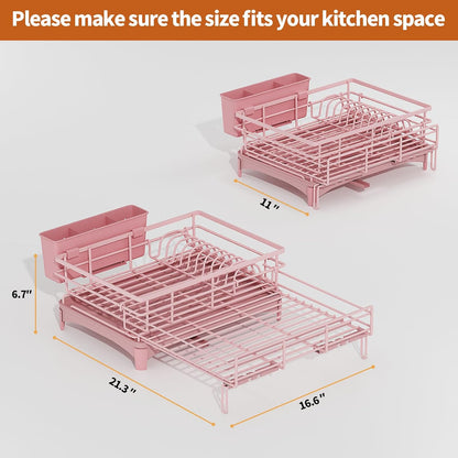 Dish Drying Rack - Expandable Rack, Large Capacity Dish Drainer for Kitchen Counter, Rust-Proof with Utensil Holder, Pink
